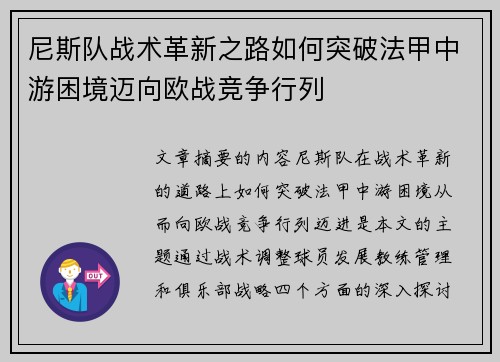 尼斯队战术革新之路如何突破法甲中游困境迈向欧战竞争行列