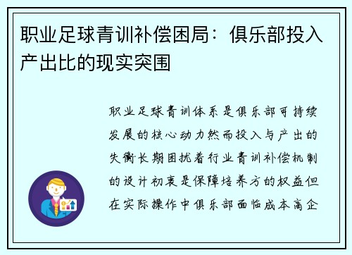 职业足球青训补偿困局：俱乐部投入产出比的现实突围
