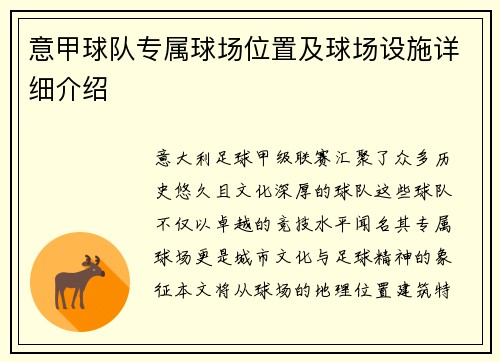 意甲球队专属球场位置及球场设施详细介绍